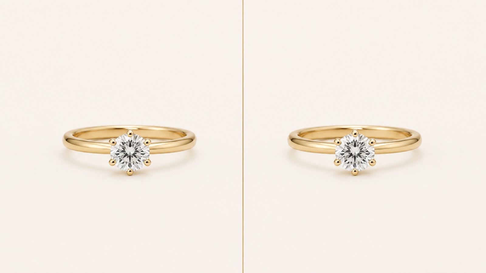 Two identical solitaire rings either side of a single fine gold line